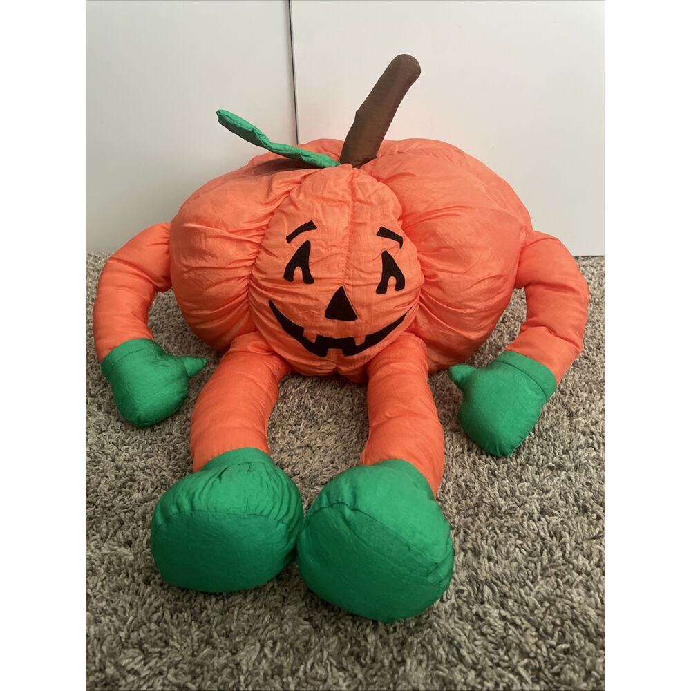 Vtg 90’s Halloween Fall Decor Pumpkin Puffy Nylon Stuffed 14”Plush Long Legs